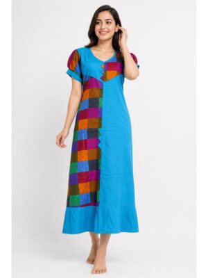 Women's Cotton Checked Frock Nighty – Multicolor