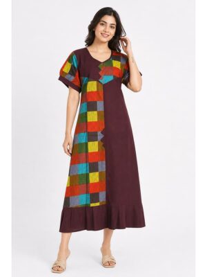 Women's Cotton Checked Frock Nighty – Multicolor