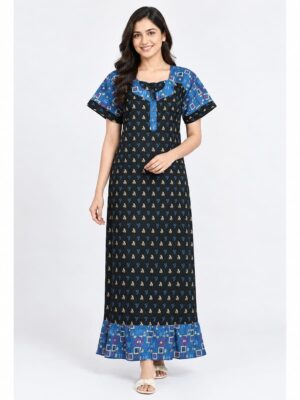 Women's Cotton Full-Length Frock Nighty - Olive Green