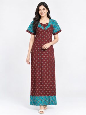 Women's Cotton Full-Length Frock Nighty - Maroon