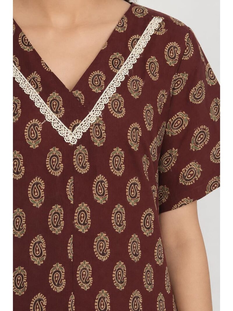 Women's Ajrakh Cotton Printed Frock Nighty – Maroon