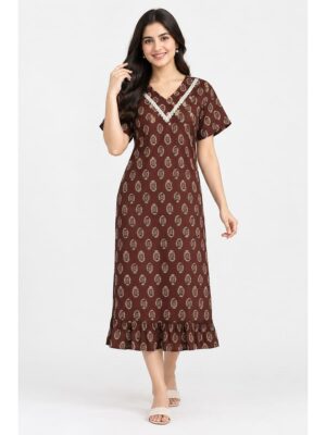 Women's Ajrakh Cotton Printed Frock Nighty – Maroon