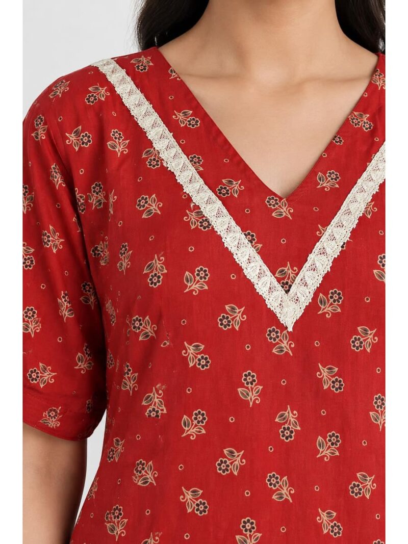Women's Ajrakh Cotton Printed Frock Nighty – Red