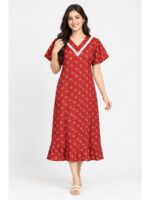 Women's Ajrakh Cotton Printed Frock Nighty – Red