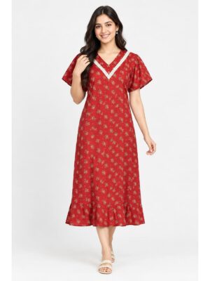Women's Ajrakh Cotton Printed Frock Nighty – Red