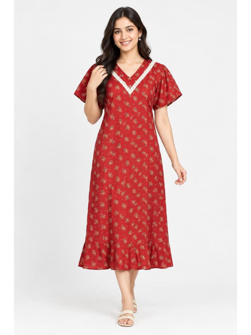 Women's Ajrakh Cotton Printed Frock Nighty – Red