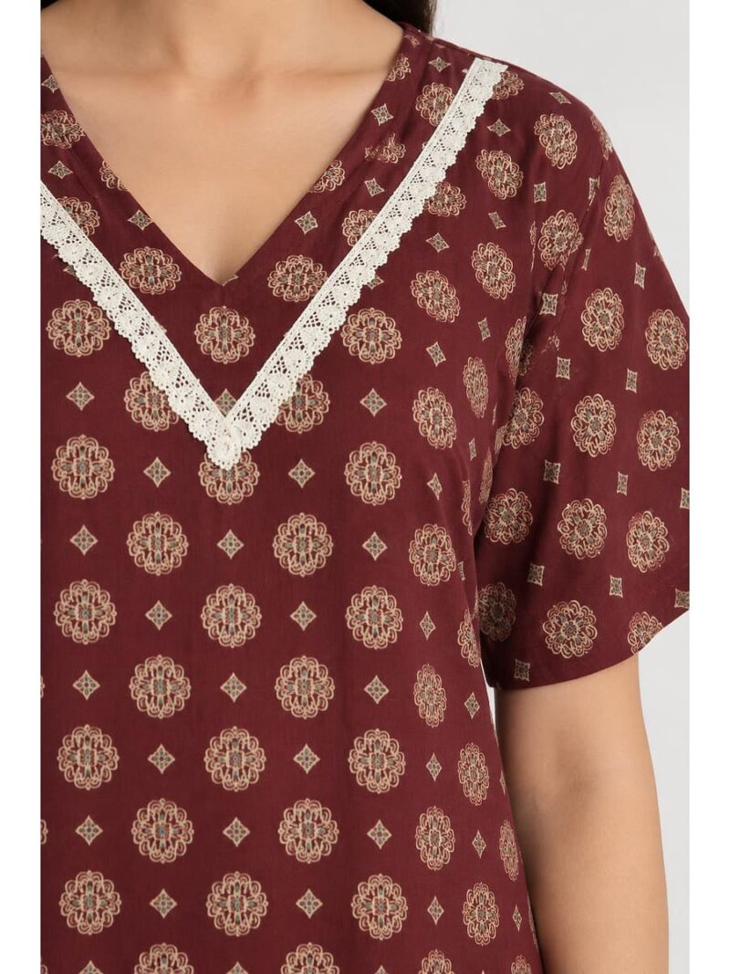 Women's Ajrakh Cotton Printed Frock Nighty – Maroon