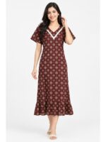 W-NY-574-03-MR-XL_front Women's Ajrakh Cotton Printed Frock Nighty – Maroon