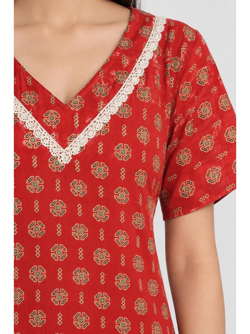 Women's Ajrakh Cotton Printed Frock Nighty – Red