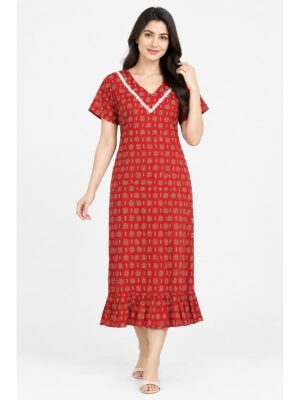 Women's Ajrakh Cotton Printed Frock Nighty – Red