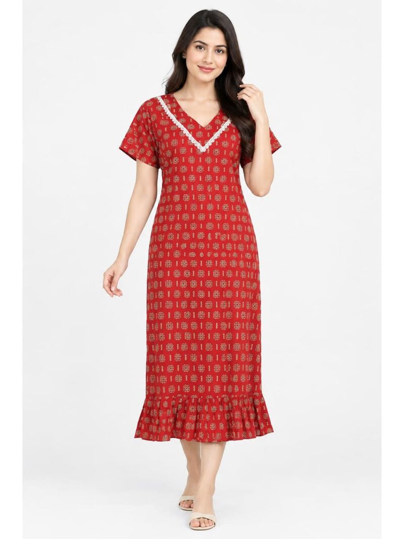 W-NY-574-04-RD-XL_front Women's Ajrakh Cotton Printed Frock Nighty – Red