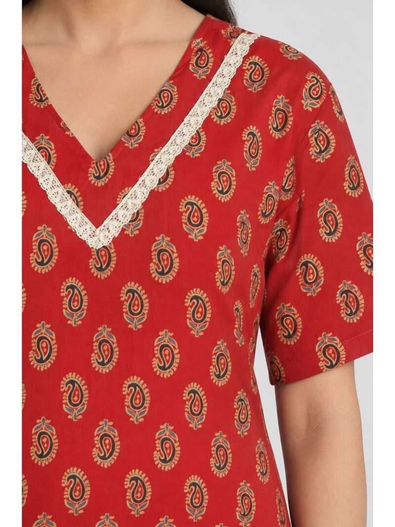 Women's Ajrakh Cotton Printed Frock Nighty – Red