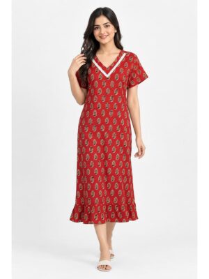 Women's Ajrakh Cotton Printed Frock Nighty – Red