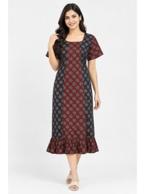 Women's Ajrakh Cotton Printed Frock Nighty – Navy Blue