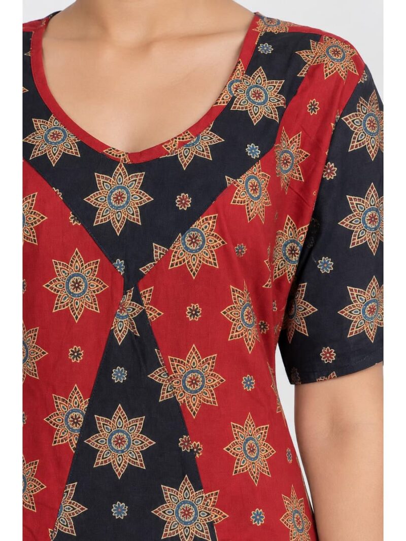 Women's Ajrakh Cotton Printed Frock Nighty – Red