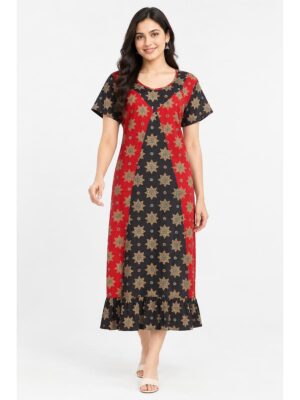 Women's Ajrakh Cotton Printed Frock Nighty – Red