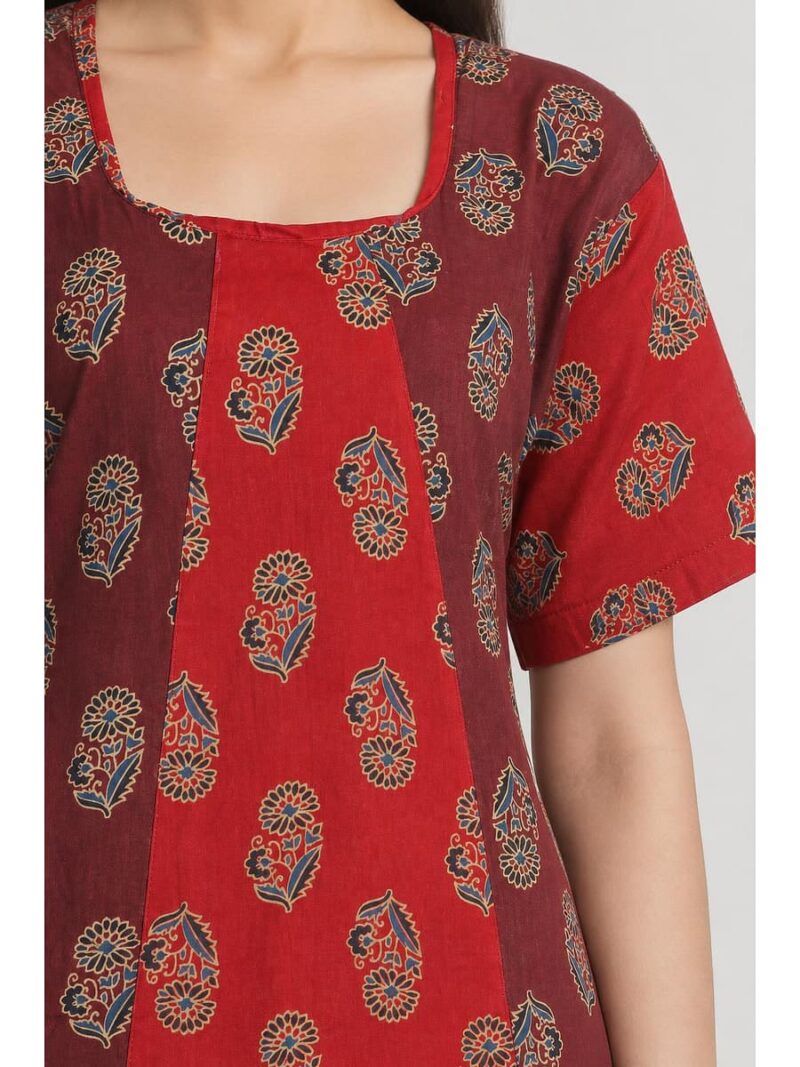 Women's Ajrakh Cotton Printed Frock Nighty – Maroon