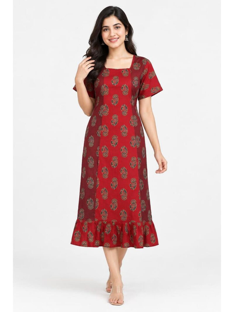 W-NY-575-04-MR-XXL_front Women's Ajrakh Cotton Printed Frock Nighty – Maroon
