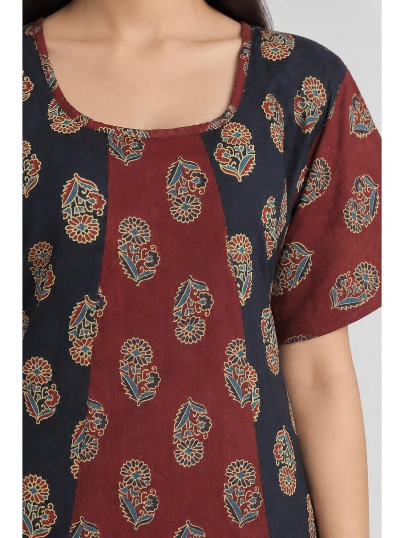Women's Ajrakh Cotton Printed Frock Nighty – Navy Blue