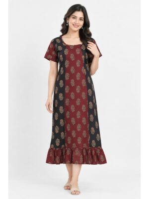 Women's Ajrakh Cotton Printed Frock Nighty – Navy Blue