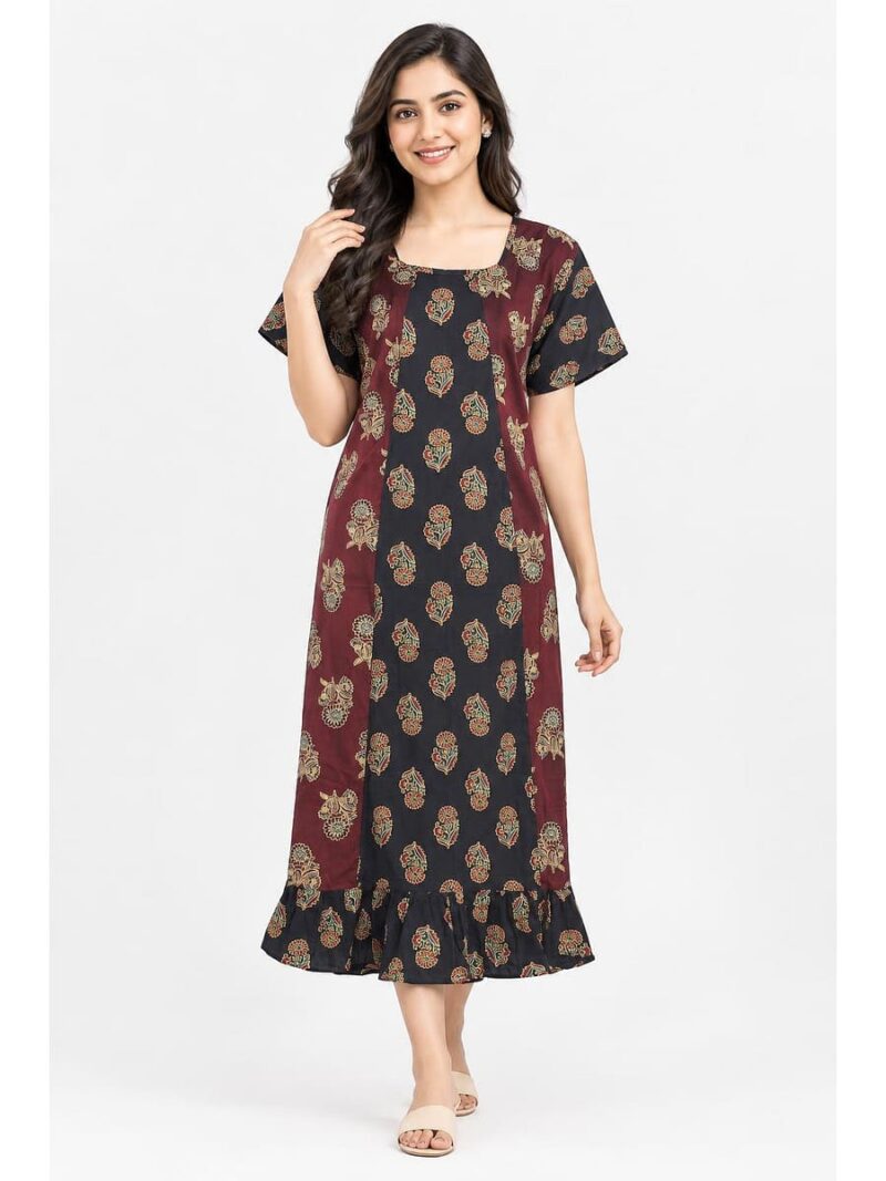 Women's Ajrakh Cotton Printed Frock Nighty – Maroon