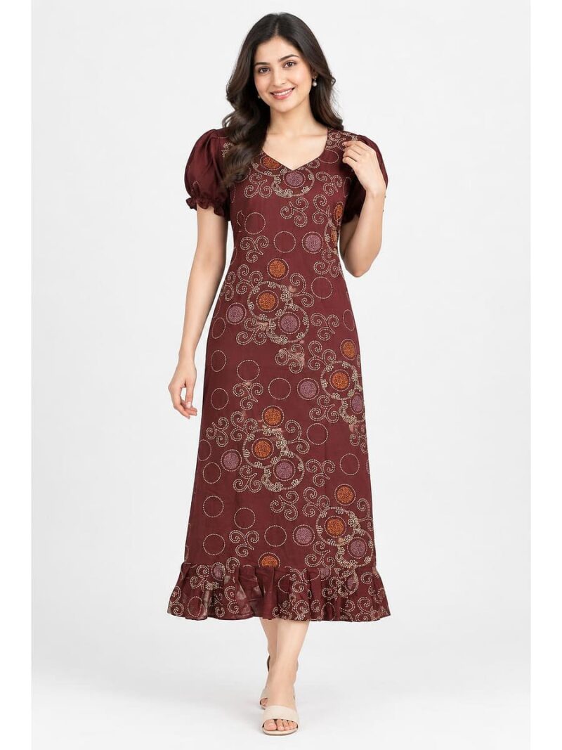 W-NY-577-04-MR-L_front Women's Cotton Frock Nighty - Marron