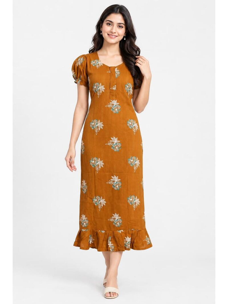 W-NY-577-22-AM-L_front Women's Cotton Zip Frock Nighty - Amber