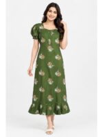 Women's Cotton Zip Frock Nighty - Olive Green