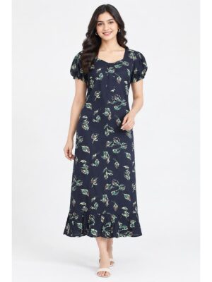 Women's Cotton Zip Frock Nighty - Navy Blue
