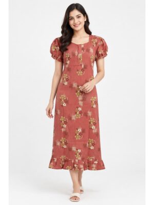 Women's Cotton Zip Frock Nighty - Terracotta