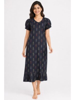 Women's Cotton Frock Nighty - Navy Blue