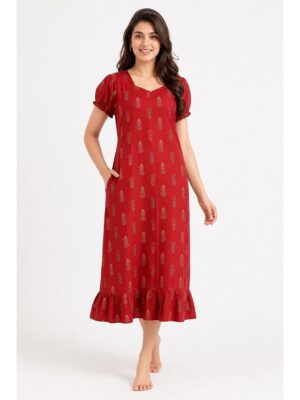 Women's Cotton Frock Nighty - Red