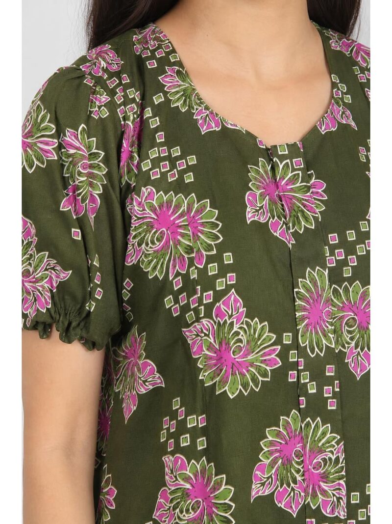 Women's Cotton Zip Frock Nighty - Olive Green