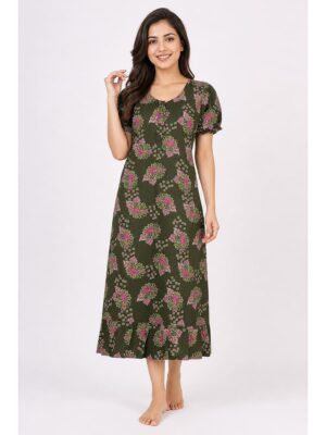 Women's Cotton Zip Frock Nighty - Olive Green