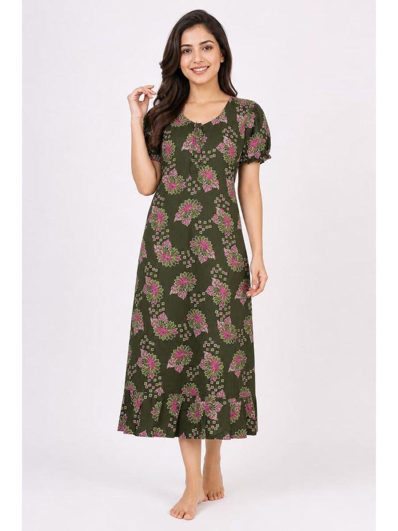 Women's Cotton Zip Frock Nighty - Olive Green