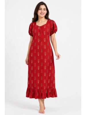 Women's Cotton Zip Frock Nighty - Red