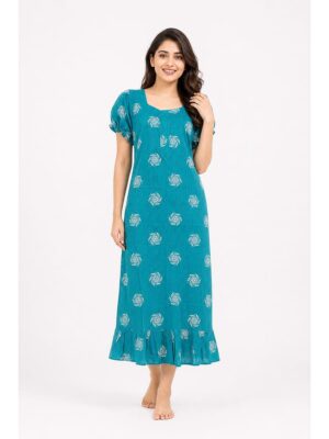 Women's Cotton Zip Frock Nighty - Blue