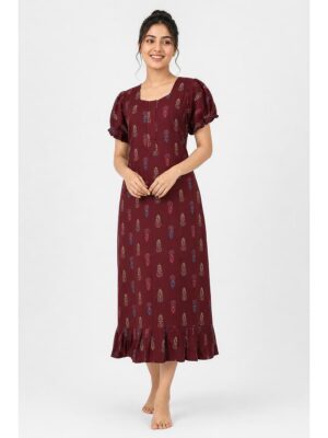 Women's Cotton Zip Frock Nighty - Maroon