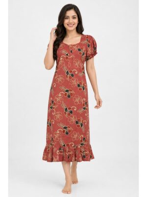 Women's Cotton Zip Frock Nighty - Terracotta