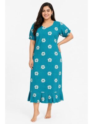 Women's Plus Size Cotton Frock Nighty - Blue