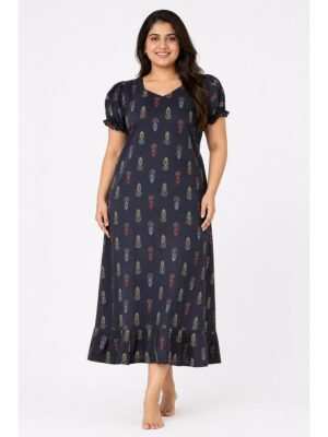 Women's Plus Size Cotton Frock Nighty - Navy Blue