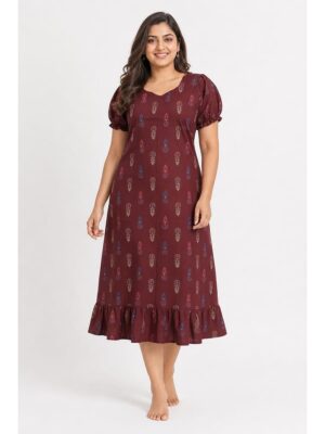 Women's Cotton Plus-Size Frock Nighty with Zip - Maroon