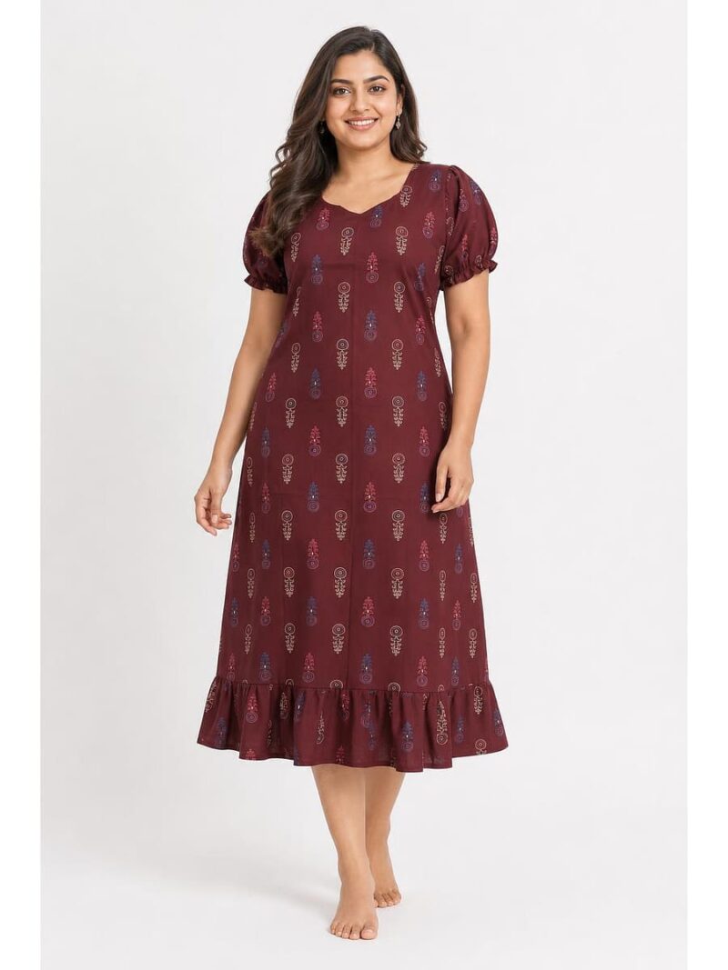 W-NY-601-15-MR-3XL_front Women's Cotton Plus-Size Frock Nighty with Zip - Maroon