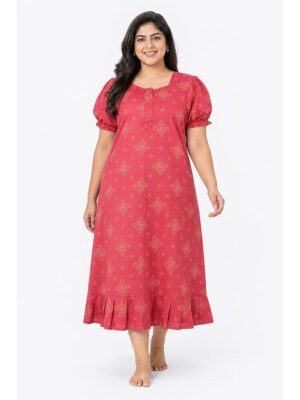 Women's Cotton Plus-Size Frock Nighty with Zip - Pink