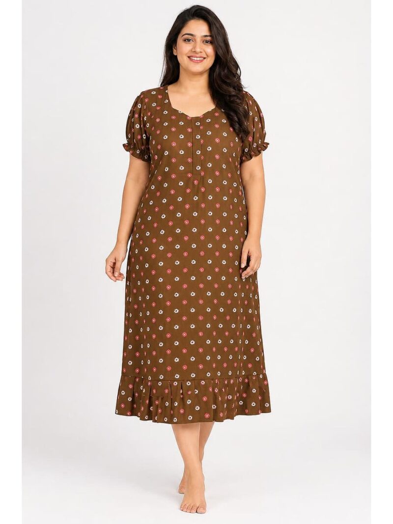 W-NY-601-17-BR-3XL_front Women's Cotton Plus-Size Frock Nighty with Zip - Brown