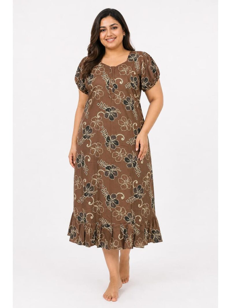 Women's Cotton Plus-Size Frock Nighty with Zip - Clay
