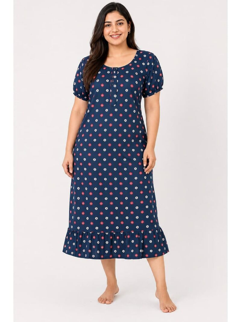 Women's Cotton Plus-Size Frock Nighty with Zip - Teal