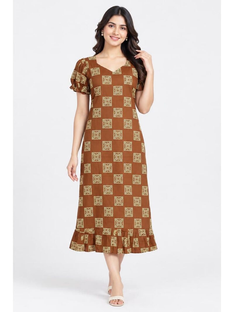 W-NY-602-08-BR-M_front Women's Cotton Frock Nighty - Brown