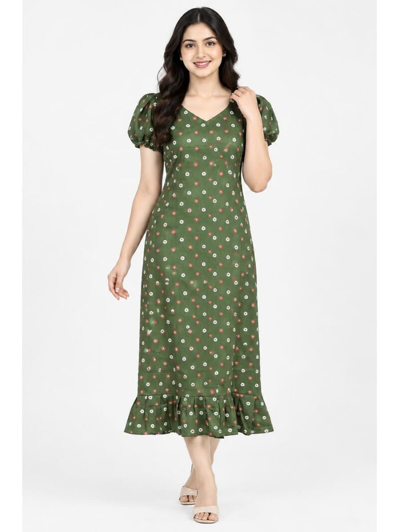 W-NY-602-09-OG-M_front Women's Cotton Frock Nighty - Green