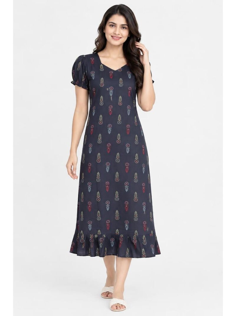 Women's Cotton Frock Nighty -Navy Blue